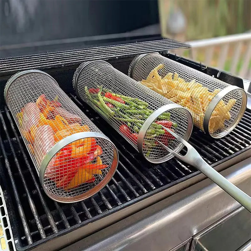 20cm/30cm New BBQ Basket Stainless Steel Grill Outdoor Round BBQ Campfire Grid Outdoor Picnic Camping Barbecue Cooking Supplies